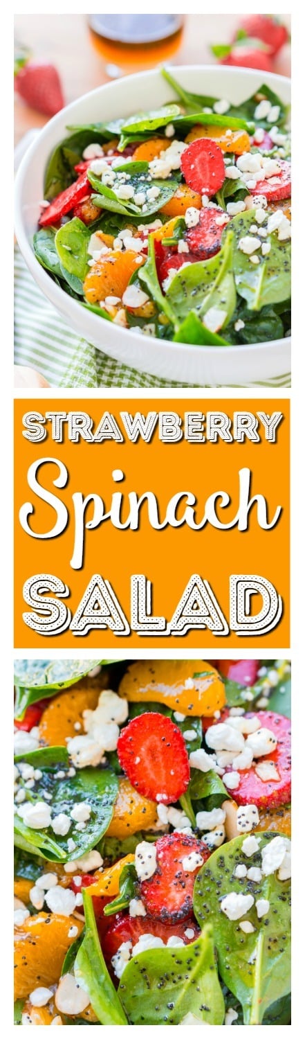 This Strawberry Spinach Salad will become your new go-to recipe for summer, it's made with simple, flavorful ingredients like goat cheese, almonds, poppyseeds, strawberries, mandarins, and spinach, and you can make it family or party-sized! via @sugarandsoulco