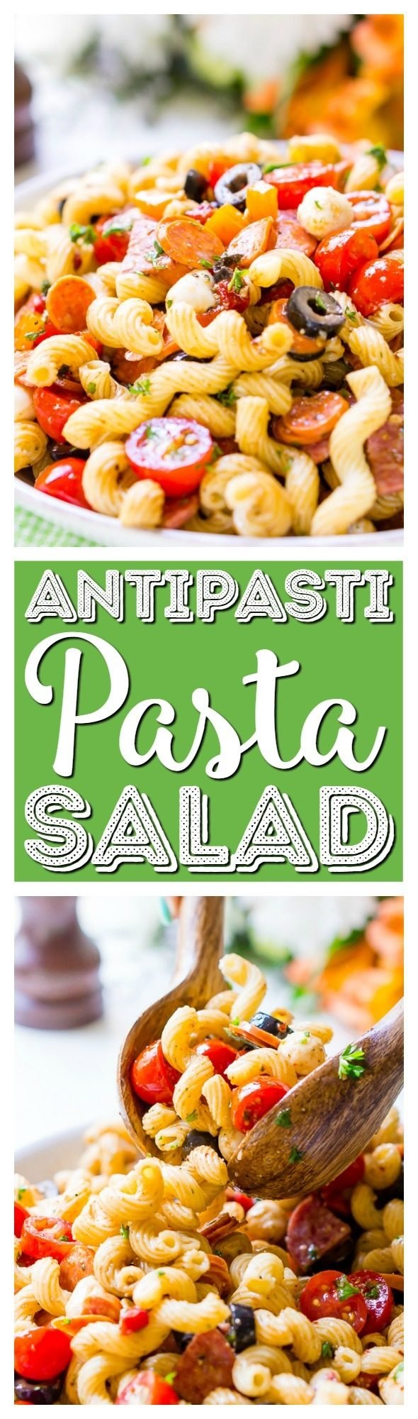 Antipasti Pasta Salad recipe is loaded with veggies, cheeses, herbs, and meats and coated in a simple balsamic and olive oil dressing. Perfect for large get-togethers like BBQs and potlucks!