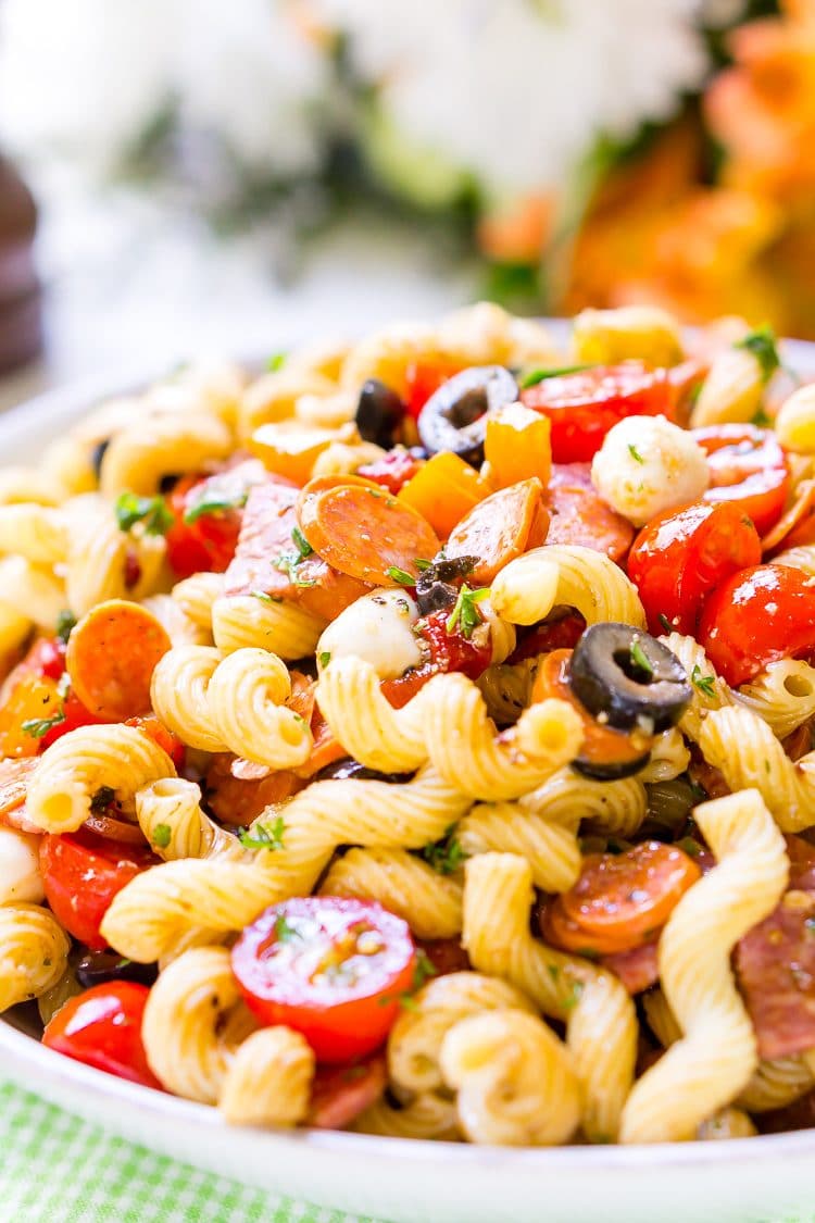 Antipasti Pasta Salad recipe is loaded with veggies, cheeses, herbs, and meats!