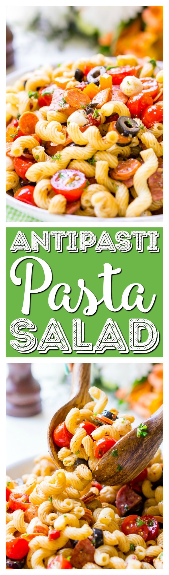 Antipasti Pasta Salad is loaded with veggies, cheeses, herbs, and meats and coated in a simple balsamic and olive oil dressing. Perfect for large get-togethers like BBQs and potlucks! via @sugarandsoulco