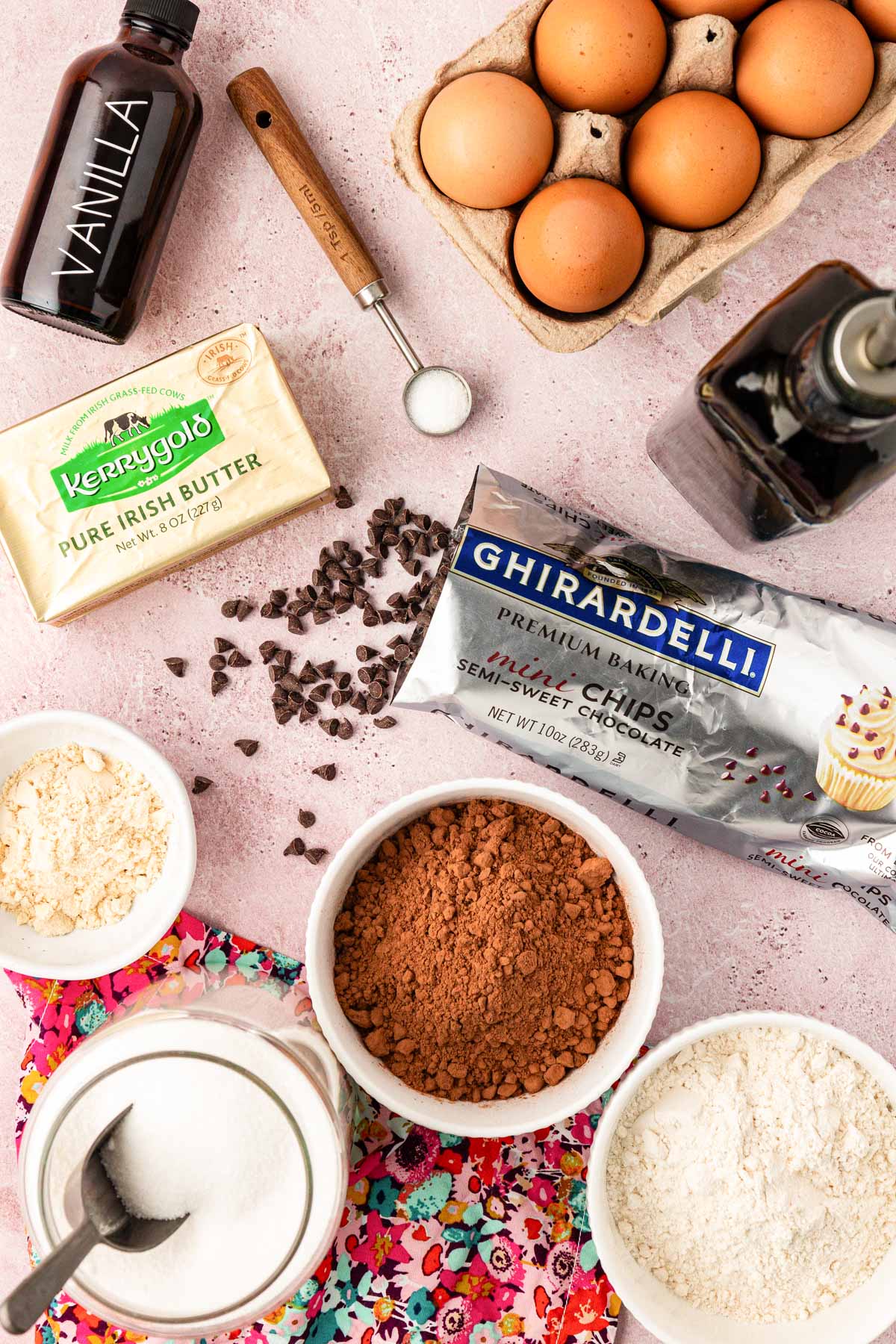 Ingredients to make fudge brownies on a table.