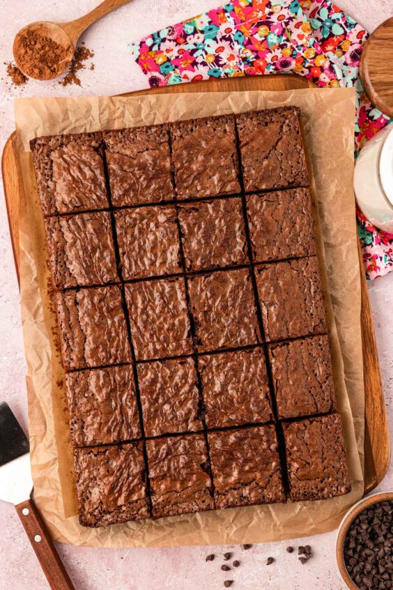 Sliced brownies on a table.