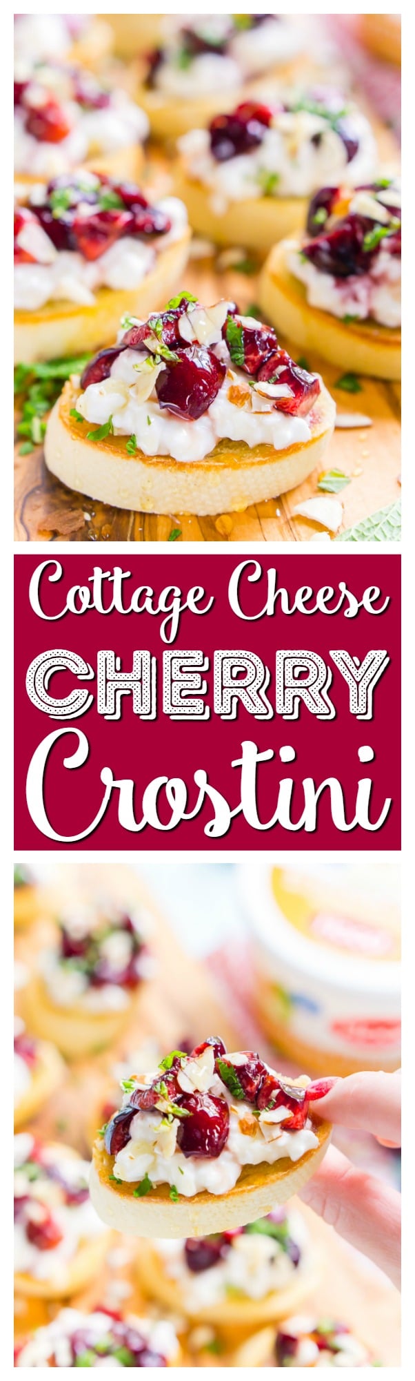 This Cottage Cheese & Cherry Crostini is a fresh and delicious appetizer recipe. Toasted bread topped with silky cottage cheese, cherries, almonds, honey, and mint! via @sugarandsoulco