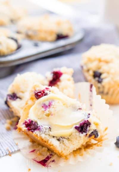 Blueberry Muffins are made with tangy buttermilk and delicious blueberries for a yummy breakfast muffin topped with a sugary butter crumble.