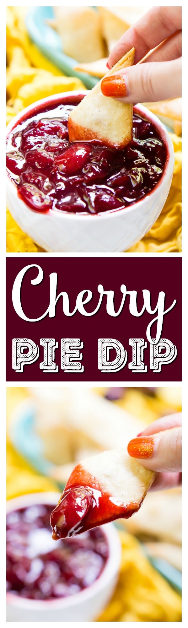 This Cherry Pie Dip is all the deliciousness of the classic pie but easier to make and perfect for parties! Fresh cherries are simmered into a thick and gooey dip served with cinnamon sugar pie chips! via @sugarandsoulco
