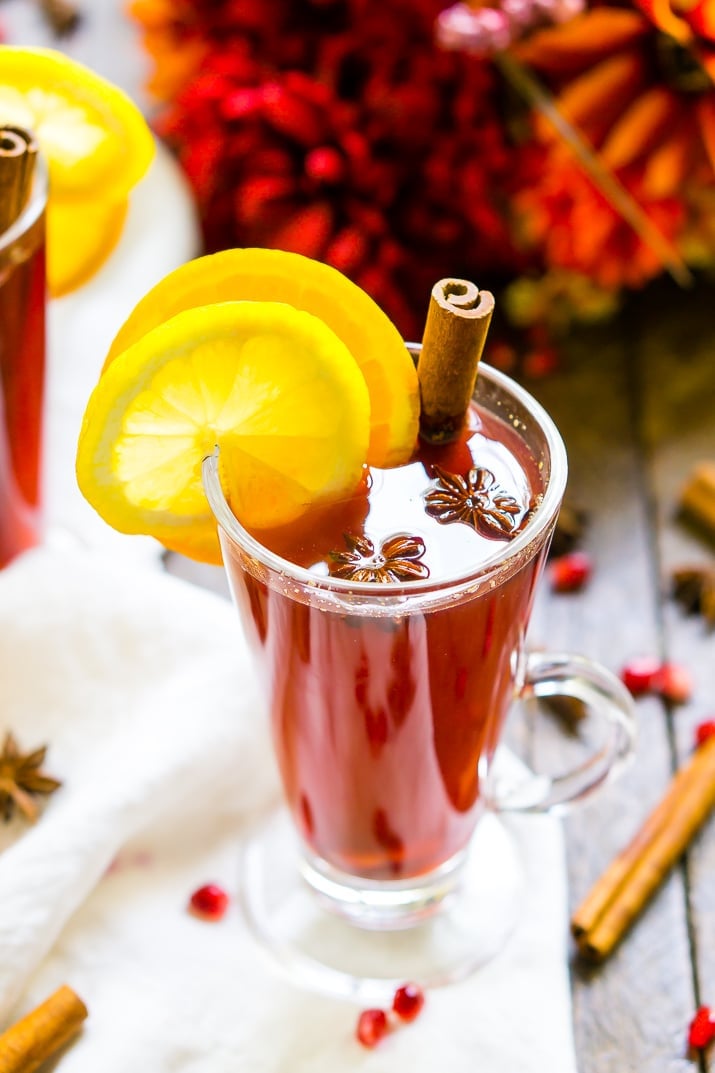 This Pomegranate Cider is an instant fall favorite! A cozy, hot drink that's loaded with spices, citrus, and delicious pomegranate. Add rum or whiskey to turn it into a cocktail!