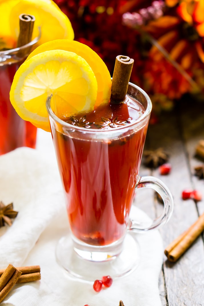 This Pomegranate Cider is an instant fall favorite! A cozy, hot drink that's loaded with spices, citrus, and delicious pomegranate. Add rum or whiskey to turn it into a cocktail!