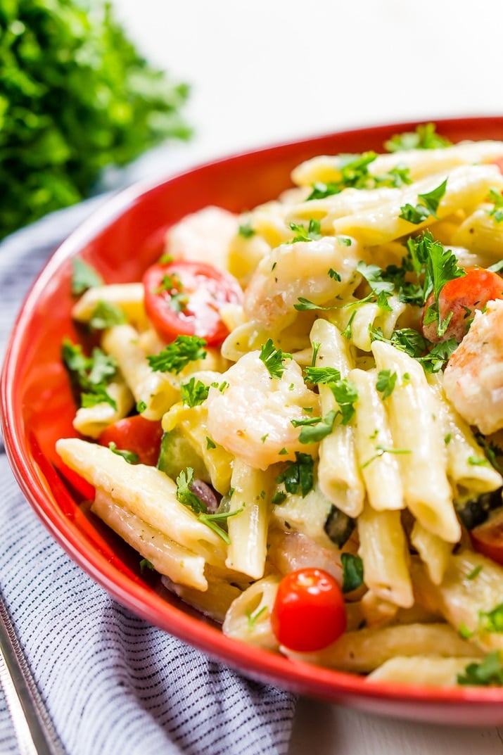 This Shrimp Alfredo is loaded with delicious shrimp, fresh veggies, and a creamy alfredo sauce that will have the whole family running to the table! Serve it up with the pasta of your choice!