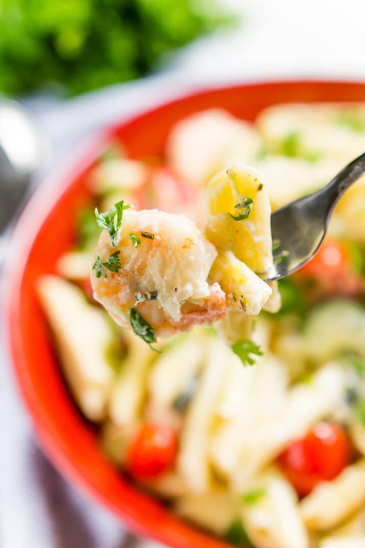 This Shrimp Alfredo is loaded with delicious shrimp, fresh veggies, and a creamy alfredo sauce that will have the whole family running to the table! Serve it up with the pasta of your choice!