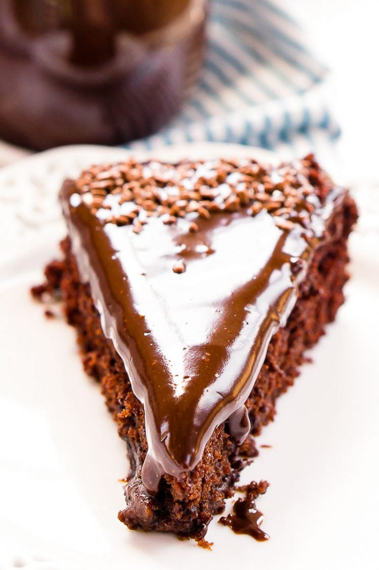 Close up photo of a slice of chocolate crazy cake.