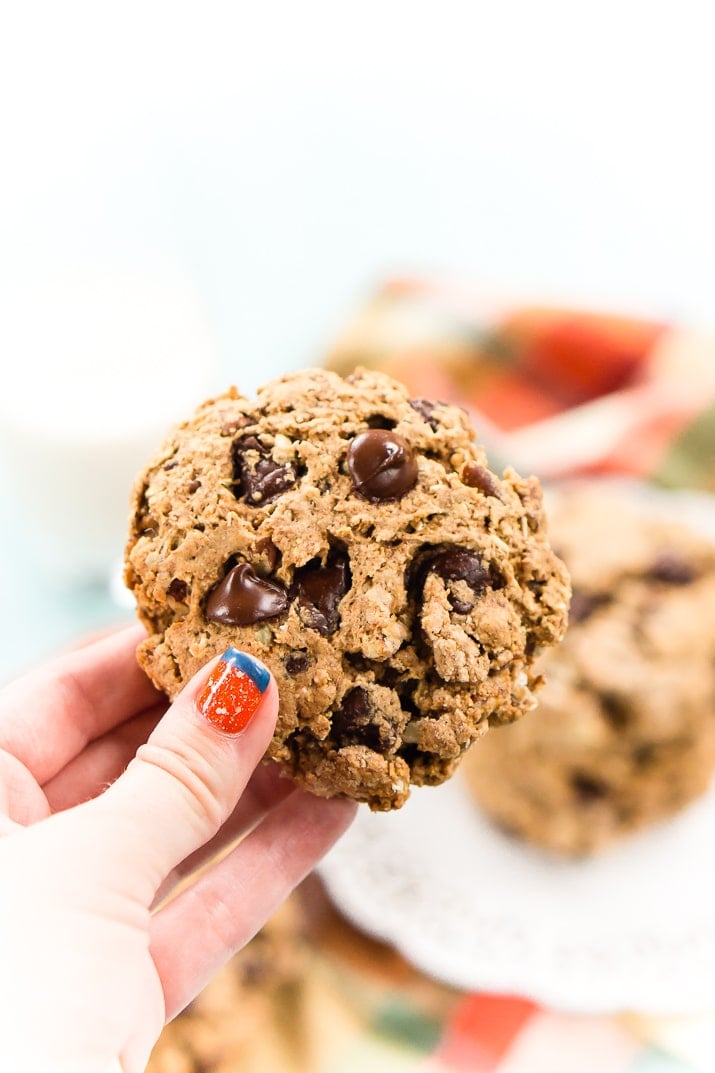 These Pumpkin Chocolate Chip Breakfast Cookies are a hearty and wholesome start to your fall mornings! They're loaded with pumpkin, oatmeal, whole wheat, apple sauce, and more! Whip them up in less than 30 minutes and enjoy them all week long!