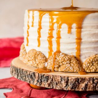 Seasonal and comforting, this Boozy Bourbon Caramel Spice Cake is full of fall flavors, covered in a caramel bourbon cream cheese buttercream, and garnished with your favorite gingersnap cookies!