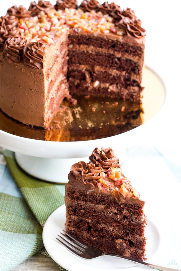 Brown Sugar Bacon Chocolate Cake is a decadent dessert layered with rich chocolate and candied bacon. One bite of this sweet & salty cake will have you falling in love!