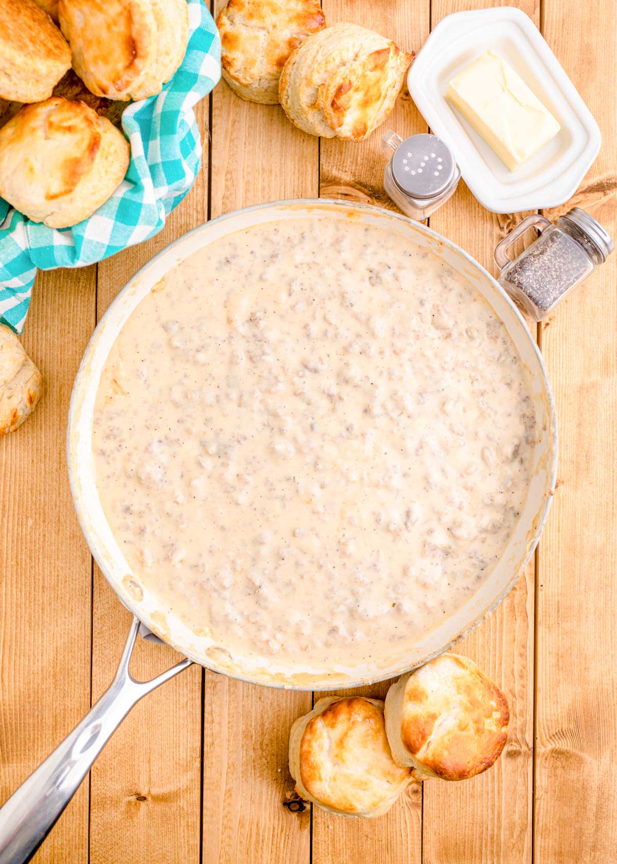 Overhead photo of a skillet filled with sausage gravy.