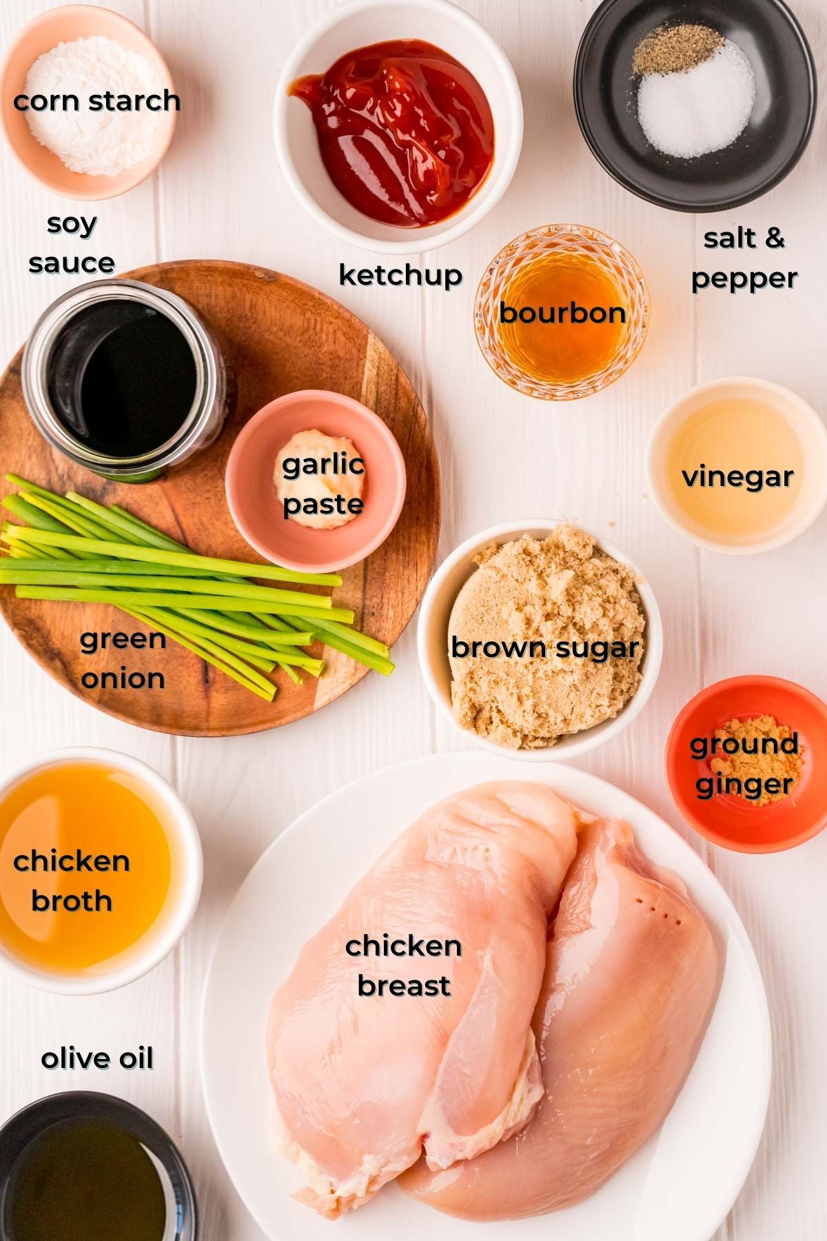 Overhead photo of ingredients prepper to make bourbon chicken.