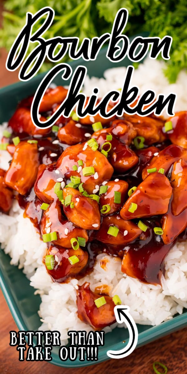 Bourbon Chicken (Better Than Takeout) smothers tender chunks of chicken in a homemade bourbon sauce for a quick and easy weeknight meal! via @sugarandsoulco