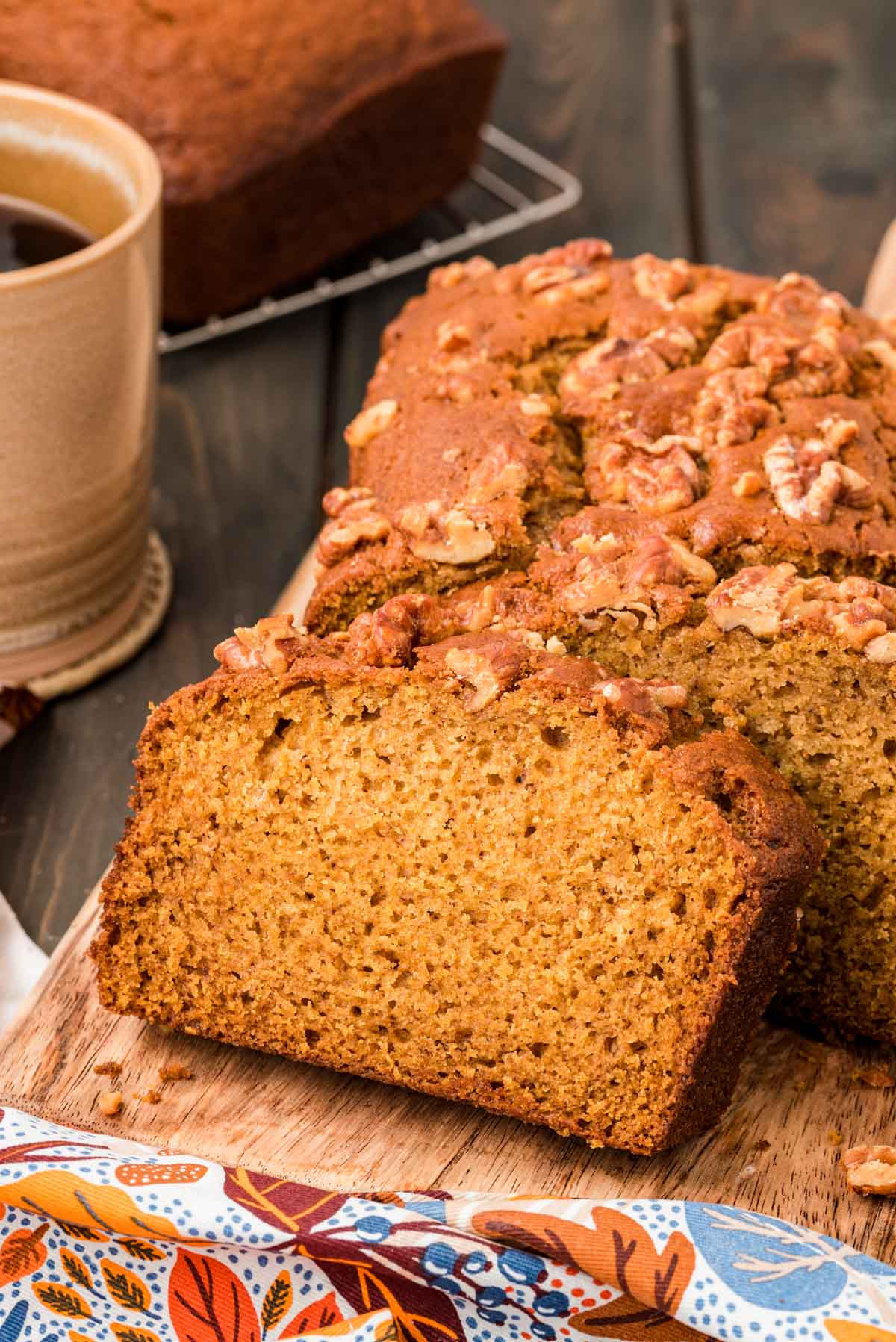 Downeast Maine Pumpkin Bread on a wooden serving board.