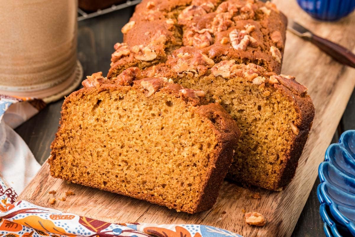 Downeast Maine Pumpkin Bread on a wooden serving board.