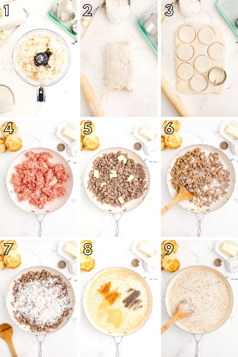 Step by step photo collage showing how to make sausage and gravy from scratch.