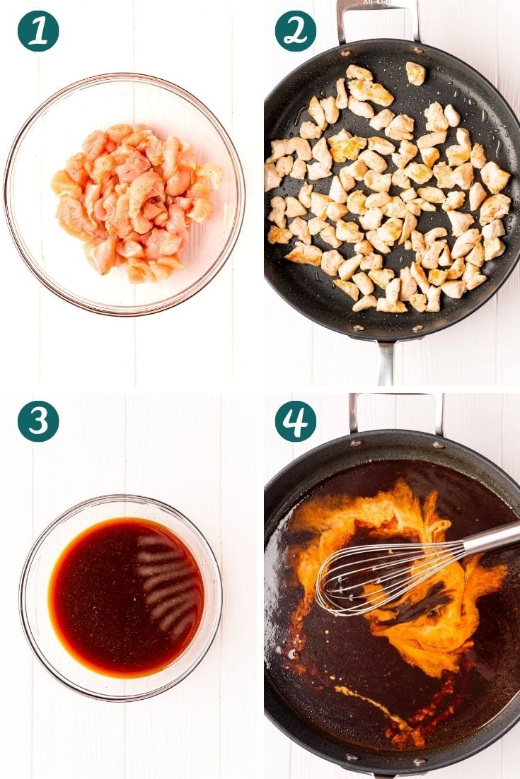 Steo-by-step photo collage showing how to make bourbon chicken.