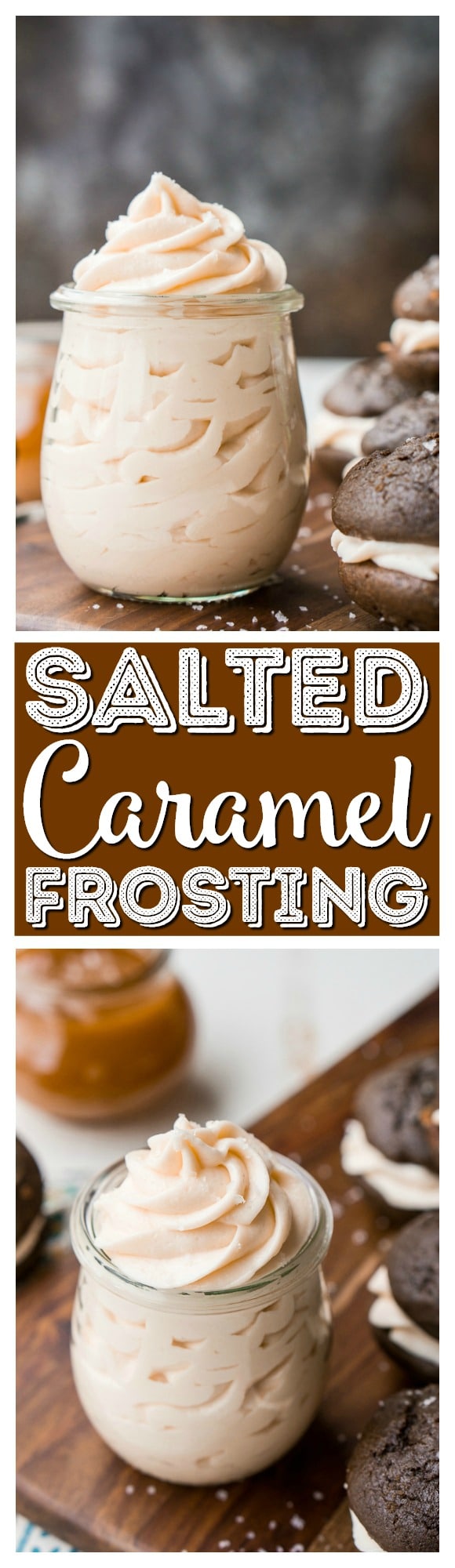 Salted Caramel Frosting is a delicious buttercream recipe for cakes, cupcakes, whoopie pies and more! Whip it up in just a few minutes! via @sugarandsoulco