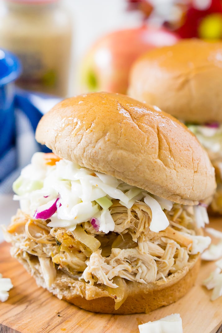  This Apple Cider Pulled Chicken is Weight Watchers approved and so easy to make! You can turn it into sandwiches, tacos, sliders, or serve it over rice!