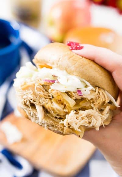  This Apple Cider Pulled Chicken is Weight Watchers approved and so easy to make! You can turn it into sandwiches, tacos, sliders, or serve it over rice!