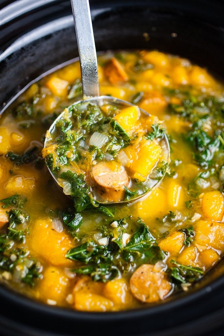 Crockpot Butternut Squash, Sausage, and Kale Soup