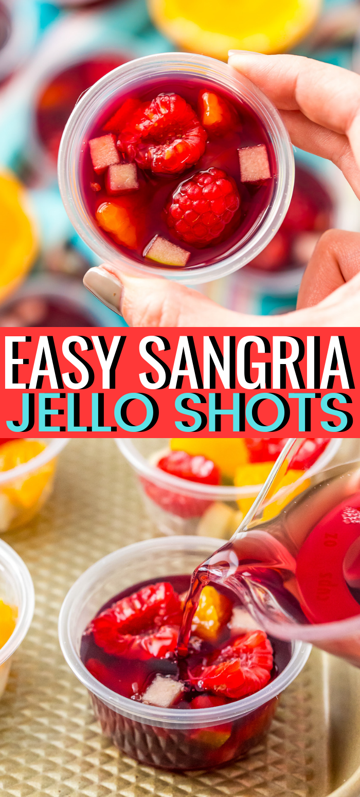 Sangria Jello Shots recipe turn a classic wine punch into a fun party shot! These cocktails are great for all your get-togethers and are made ahead of time for easy entertaining! via @sugarandsoulco