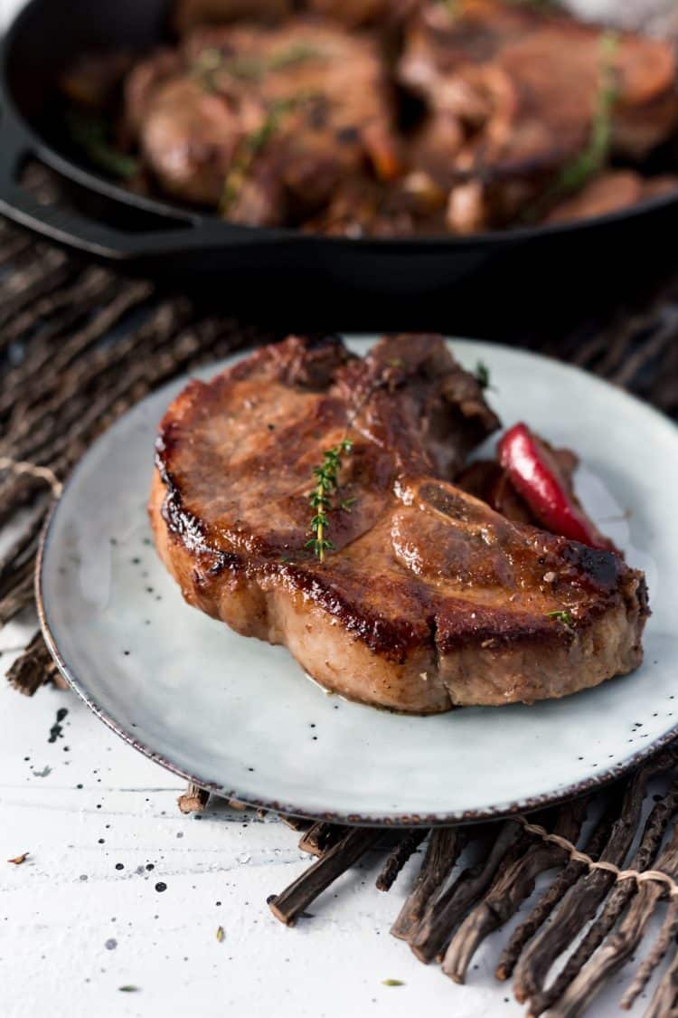 Baked Pork Chops with Apples, Shallots, and Red Wine.