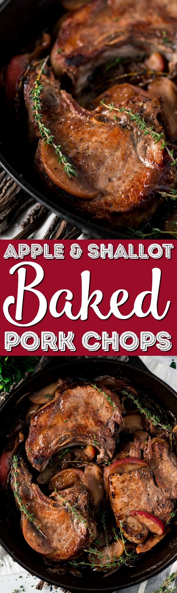 This Baked Pork Chops recipe will be an instant family dinner favorite! Made with wine, apples, and shallots, there's so much flavor in this pork recipe! via @sugarandsoulco