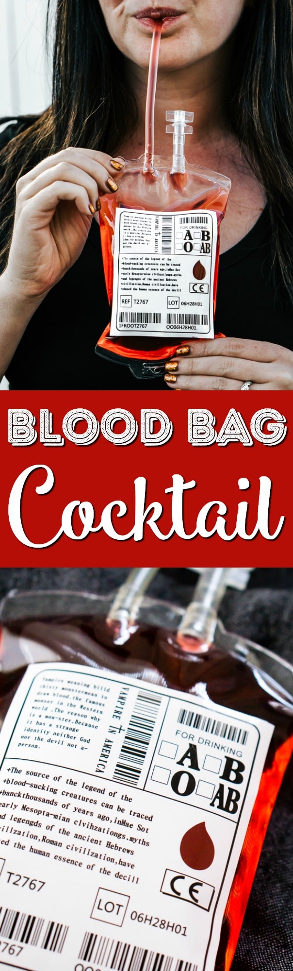 This Blood Bag Cocktail is the perfect quick drink for all your Halloween parties! Made with two ingredients, this drink is an easy and deliciously spooky libation! via @sugarandsoulco