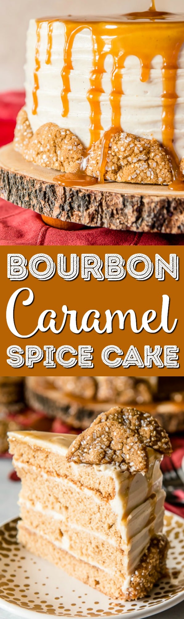 Seasonal and comforting, this Bourbon Caramel Spice Cake is full of fall flavors, covered in a caramel bourbon cream cheese buttercream, and garnished with your favorite gingersnap cookies! via @sugarandsoulco