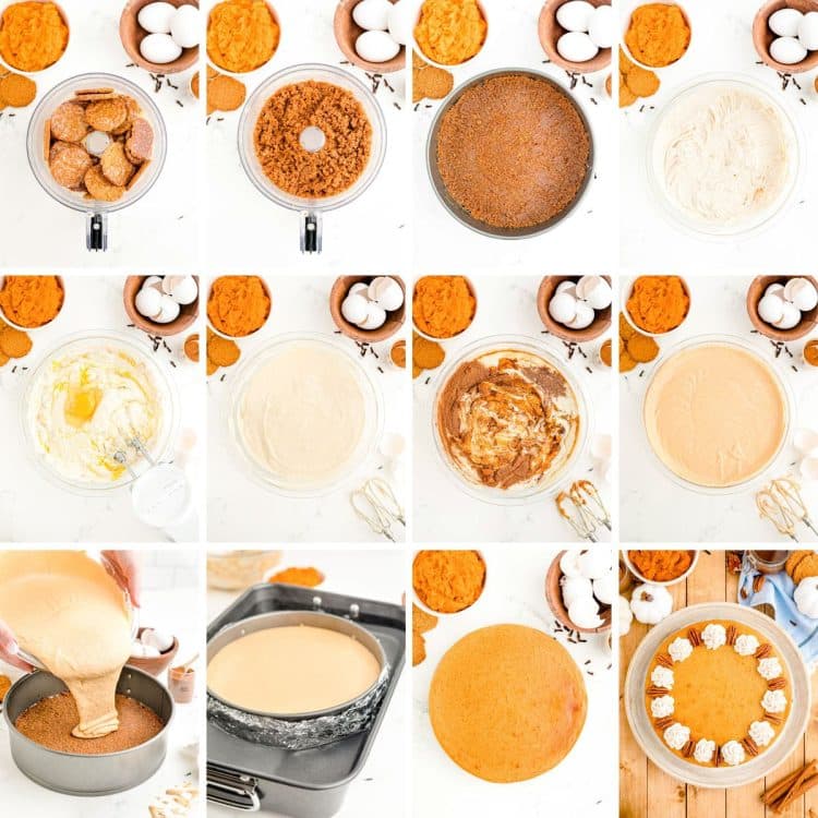 Step by step photo collage showing how to make pumpkin cheesecake from scratch.