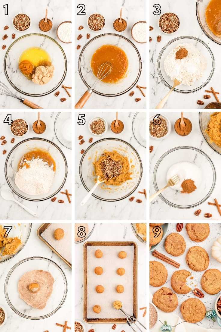Step-by-step photo collage showing how to make pumpkin snickerdoodles from scratch.