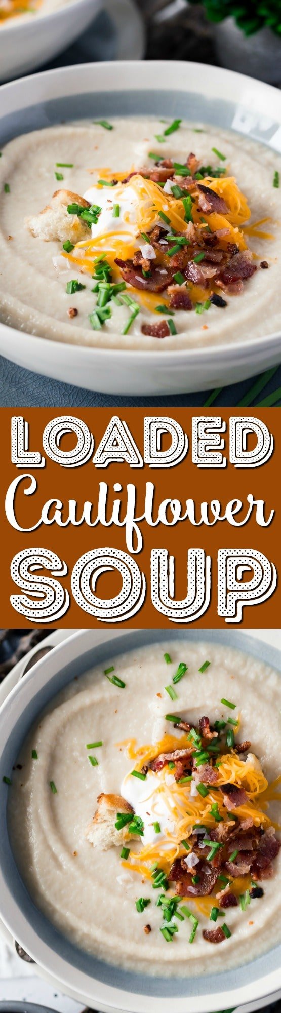 This Loaded Cauliflower Soup is creamy and delicious! It's made with fresh cauliflower, sweet onion, and topped with crispy bacon, cheddar cheese, and sour cream for a healthy meal option. via @sugarandsoulco