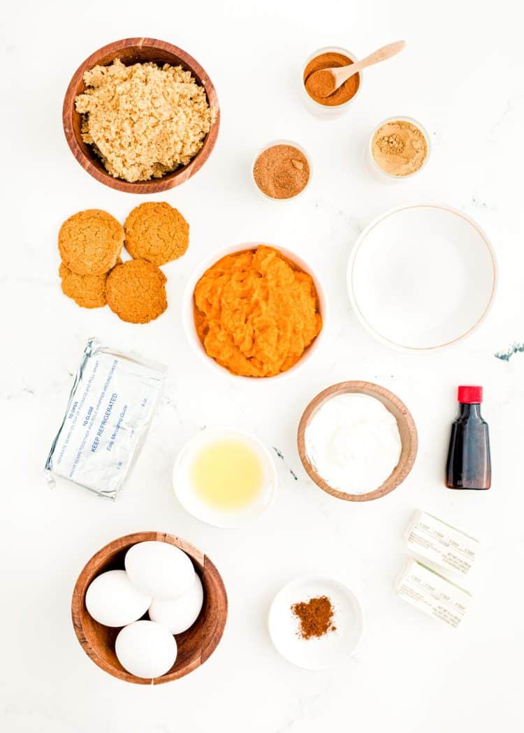 Ingredients used to make pumpkin cheesecake.