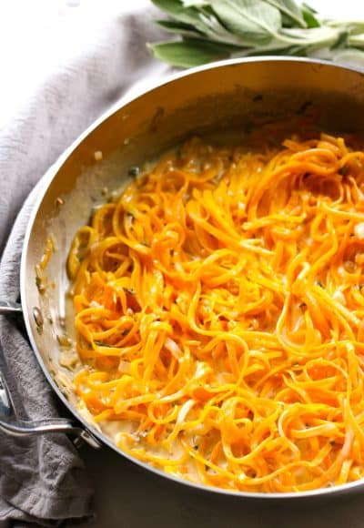 These Butternut Squash Noodles with Sage Cream Sauce are creamy, crunchy, and earthy! It's a super versatile meal - Add a protein of your choice, eat it as a side, or keep it vegetarian.