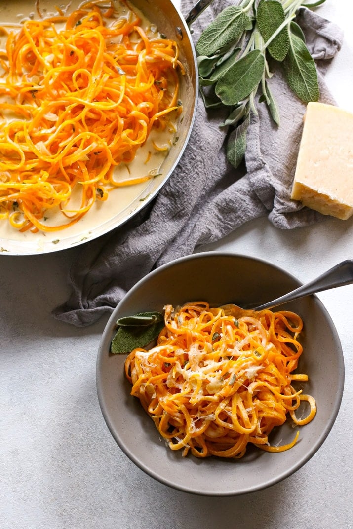 These Butternut Squash Noodles with Sage Cream Sauce are creamy, crunchy, and earthy! It's a super versatile meal - Add a protein of your choice, eat it as a side, or keep it vegetarian.