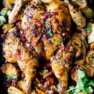 This spicy and aromatic Harissa chicken tray bake is a simple yet impressive dinner that will become a new family classic. Crispy golden skinned chicken, smothered with spicy Harissa paste and roasted on top of seasonal vegetables.