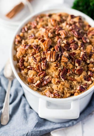 This Sweet Potato Casserole is loaded with rich and cozy flavors of brown sugar, cinnamon, and nutmeg. It's laced with butter and crunchy pecans, the perfect holiday side dish!