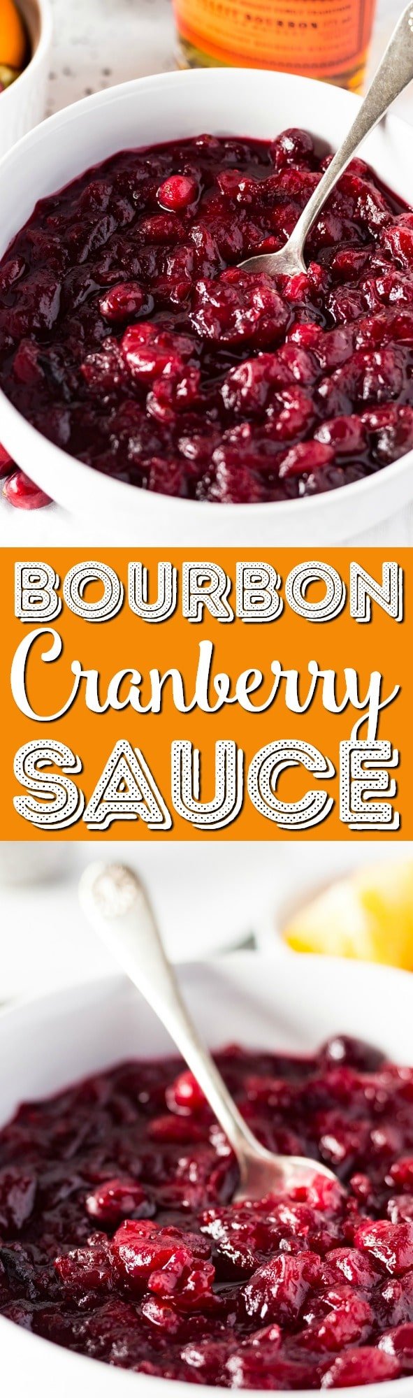 This Bourbon Orange Cranberry Sauce is loaded with tart and zesty flavor! Made with fresh cranberries, orange juice, orange zest, and bourbon on the stove and ready in less than 30 minutes. via @sugarandsoulco