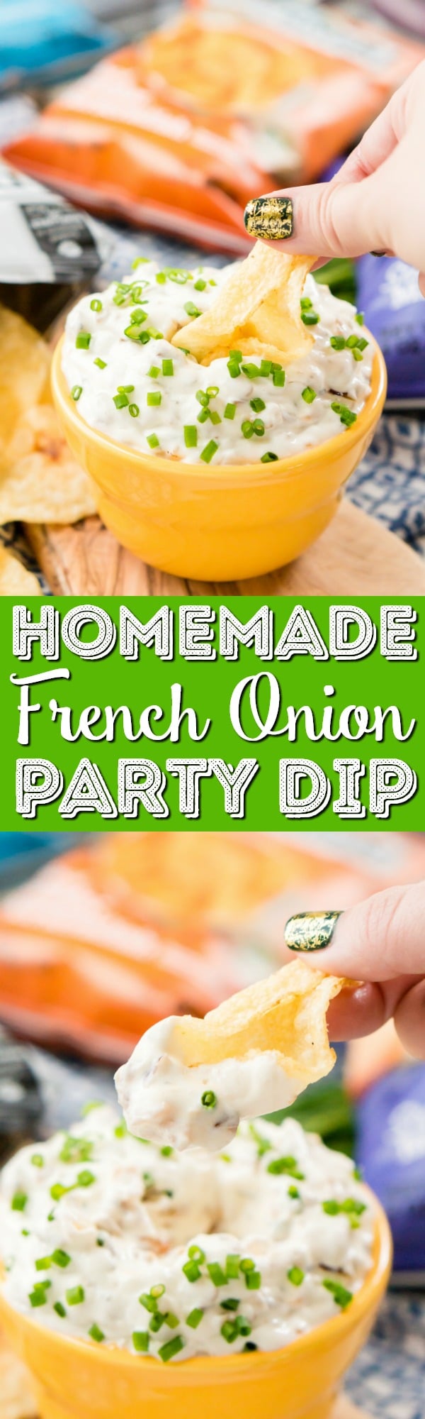 This French Onion Dip is an easy and delicious appetizer recipe, serve it with chips for an instant party favorite! via @sugarandsoulco