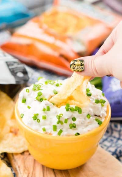 This French Onion Dip is an easy and delicious appetizer recipe, serve it with chips for an instant party favorite!