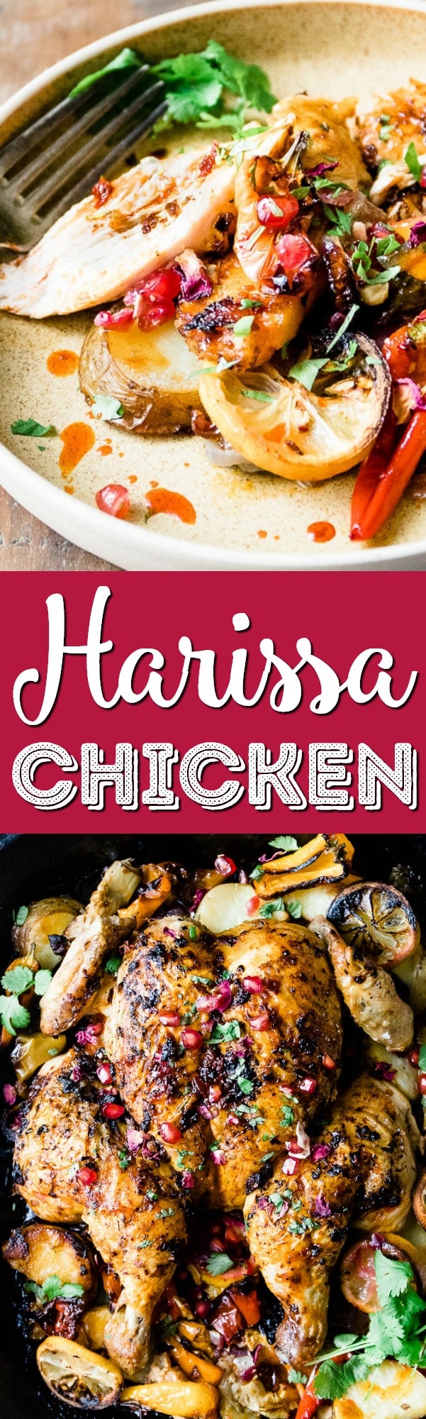 This spicy and aromatic Harissa chicken tray bake is a simple yet impressive dinner that will become a new family classic. Crispy golden-skinned chicken smothered with spicy Harissa paste and roasted on top of seasonal vegetables. via @sugarandsoulco