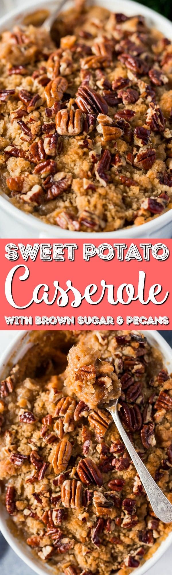 This Sweet Potato Casserole is loaded with rich and cozy flavors of brown sugar, cinnamon, and nutmeg. It's laced with butter and crunchy pecans, the perfect holiday side dish!