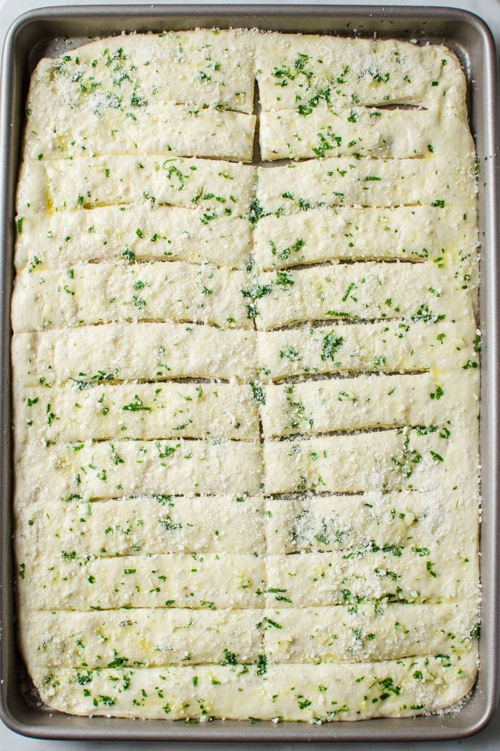 Garlic parmesan breadsticks before baking