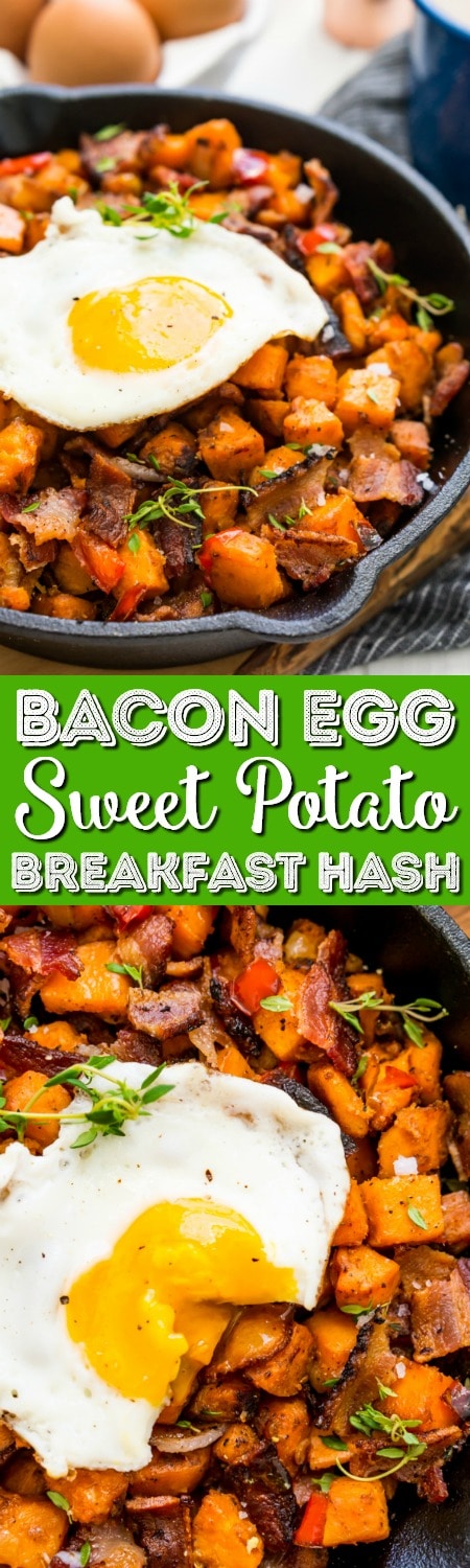 This Sweet Potato Hash is loaded with onions, peppers, bacon, and seasonings and topped with eggs for a delicious and hearty breakfast recipes!