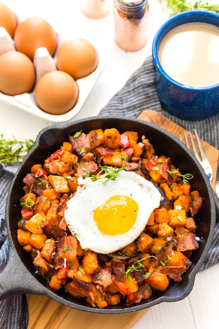 Sweet Potato Has with Eggs and Bacon