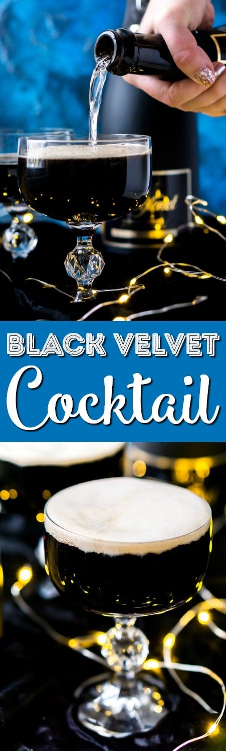 This Guinness and Champagne Black Velvet Cocktail is a deliciously easy drink made with stout and bubbly! The best quick cocktail for New Year's Eve, St. Patrick's Day, or just because!